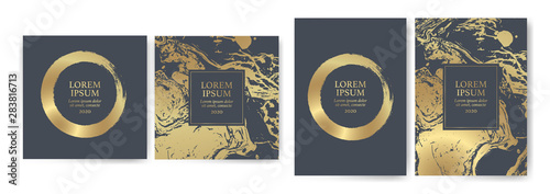 Set of design templates with golden texture, marble effect. Luxury and elegance Suitable for wedding invitations, VIP events, covers, promotions