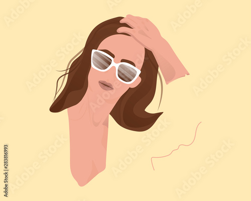 Cute thinking woman looking away isolated on beige background. Flat design, stylish woman with sunglasses straightening her hair. Fashion. Beautiful woman