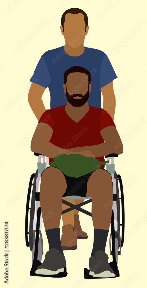 Man Pushing man in Wheelchair Man Pushing man in Wheelchair