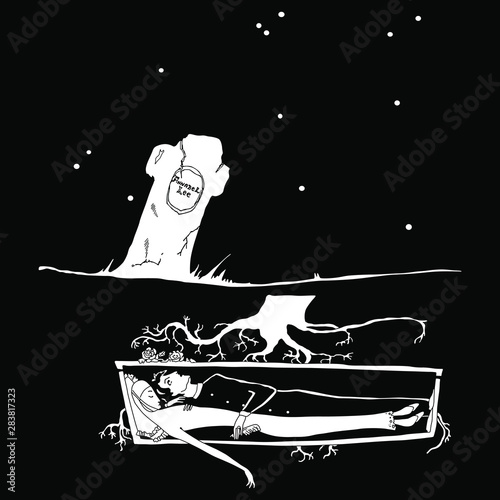 Illustration to the poem Annabel Lee by Adgar Allan Poe. Black and white vector art. Dead girl and living man lying together in a tomb. Romantic lovers.