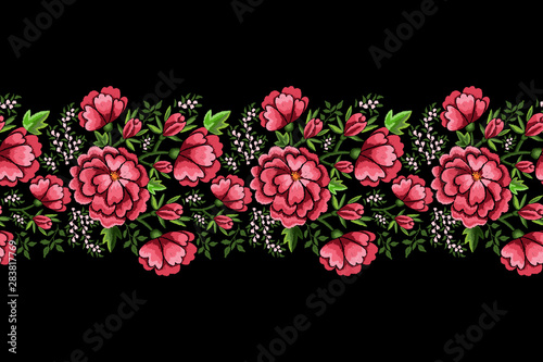 Red roses embroidery seamless border with leaves and buds. Ethnic flower design, graphics fashion wearing.