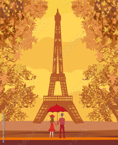 Fototapeta Naklejka Na Ścianę i Meble -  Romantic couple in Paris - abstract card