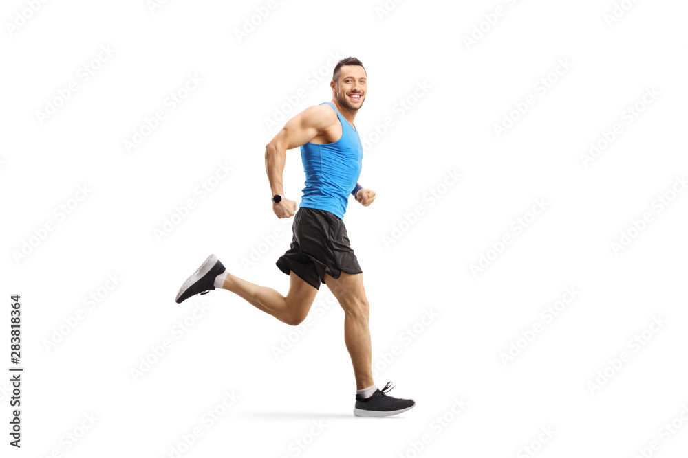 Man running fast and looking at the camera