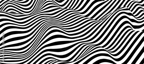 Black and white abstract wave. Optical illusion. Twisted vector illustration. © Olena