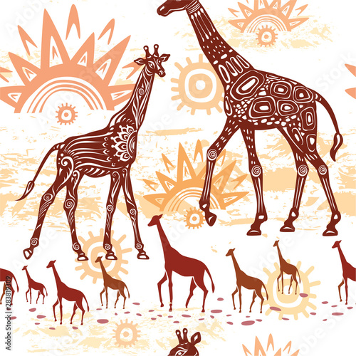 Seamless pattern with Giraffes and ethnic motifs