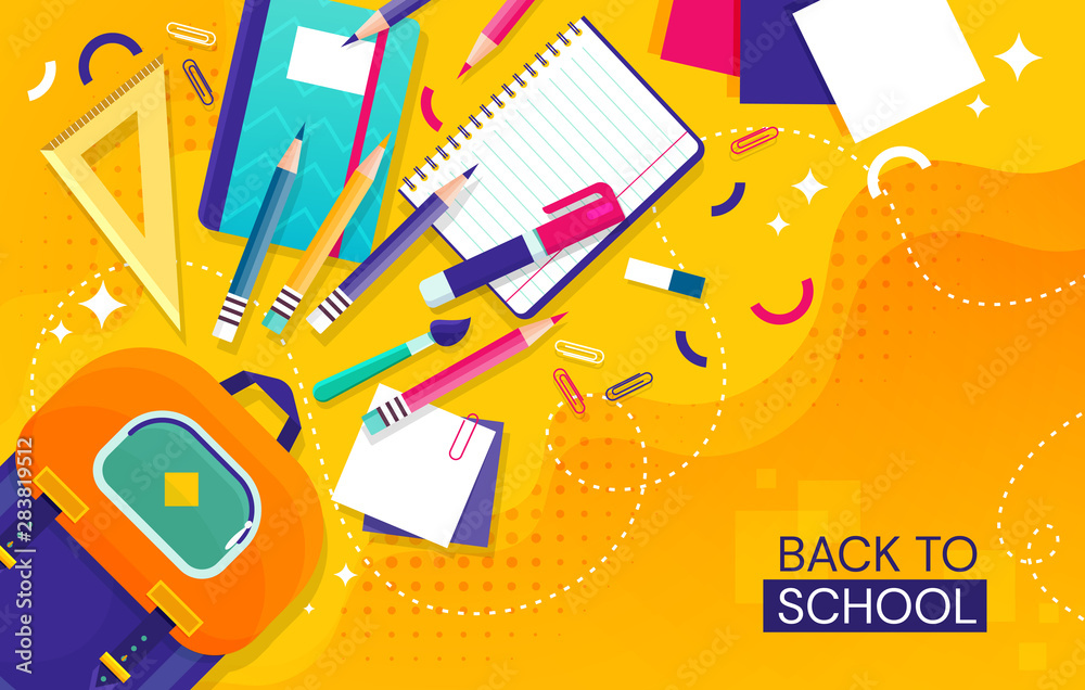 Fototapeta Back to school concept with school items and elements. vector banner design