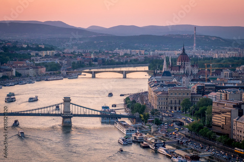 Aerial evening view of Budapest and the Danube river from Gellert hill