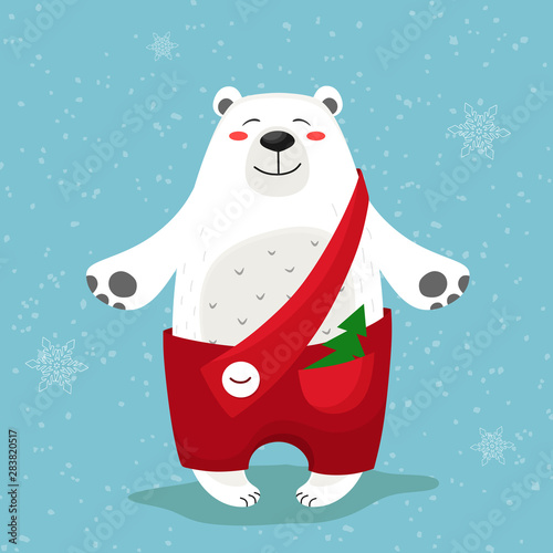 Cute and merry Christmas bear in red pants. Northern bear. Vector illustration.