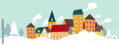 Winter and snowy city background. Vector illustration in cartoon flat style.