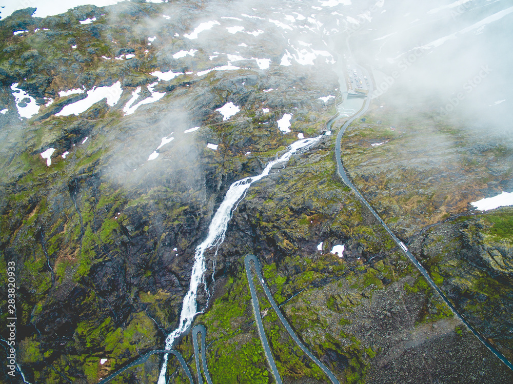 Extreme winding mountain road aerial - Trollstigen Extreme winding mountain road aerial - Trollstigen