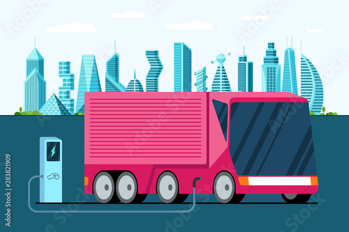 Electric truck at charging station. Hybrid futuristic semi trailer vechicle on future city. Modern e-vehicle technology and environment care concept. Flat vector illustration photo