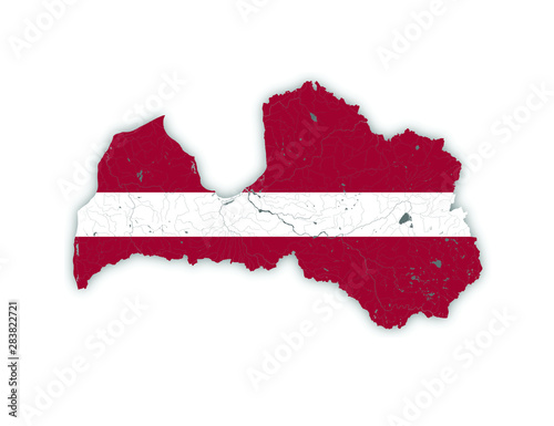 Map of Latvia with rivers and lakes in colors of Latvian national flag. Please look at my other images of cartographic series - they are all very detailed and carefully drawn by hand WITH RIVERS AND L