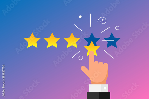 Online feedback reputation best quality customer review concept flat style. Businessman hand finger pointing four gold star rating on gradient background. Vector illustration