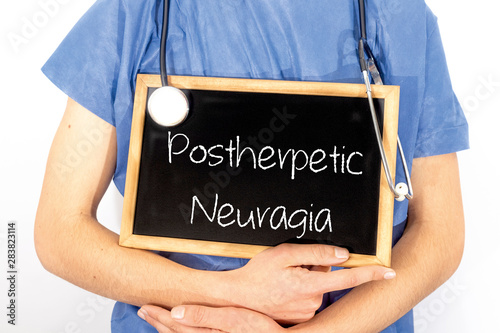 Doctor shows information on blackboard: postherpetic neuragia.  Medical concept. photo