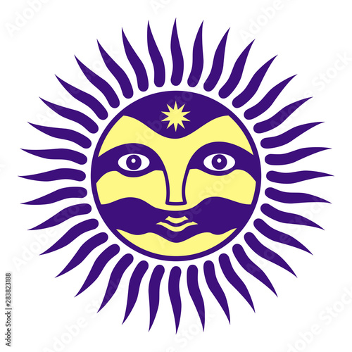 Sign of the sun with a man’s face. The spirit of the sun. Symbolic, magical symbol. Vector graphics art.
