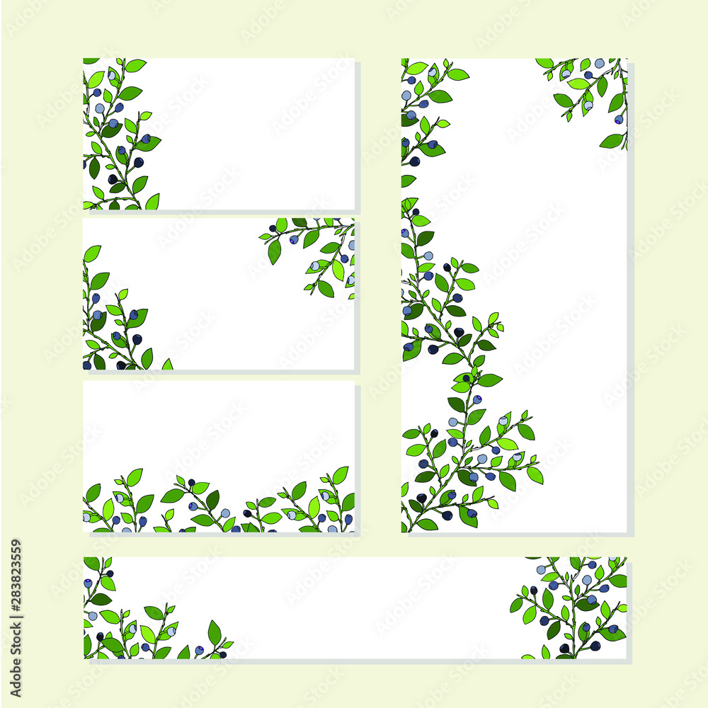 Floral spring template set with cute bunches of bue fruit green leaves blueberry on white. For romantic design, announcements, greeting cards, posters, advertisement, gardening stock vector illustrati