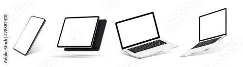 Mock-ups gadgets collection ( Smartphone, tablet, laptop, notebook ) blank screen for you design. 3D vector realistic gadgets in perspective and isometric view. Axonometric view of the device. Vector