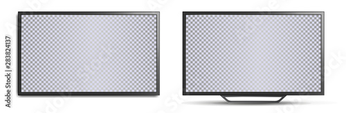 TV mockup with blank screen. Two realistic 3D TVs, wall-mounted and with legs for horizontal surfaces. Modern stylish lcd panel, led type. Large computer monitor display mockup. Vector lcd set