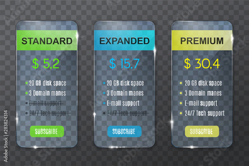 Subscription plan, website price comparison table