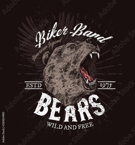 Biker band club badge, roaring wild bear