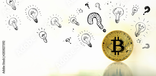Question with light bulbs with gold bitcoin cryptocurrency coin