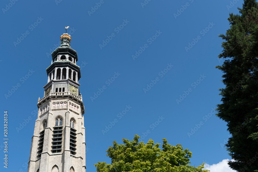Tower called Lange Jang. Middelburg, The Netherlands. Blue sky, space for text
