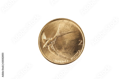 A gold, Slovenian two tolar coin, shot in close up macro, isolated on a white background photo