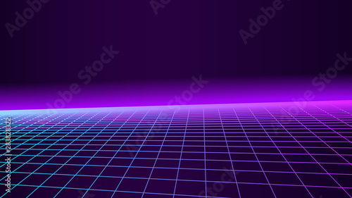 Synthwave background. 80s sci-fi retro style. Dark backdrop with irregular perspective grid. Inclined horizon line in purple mist. Empty geometric template