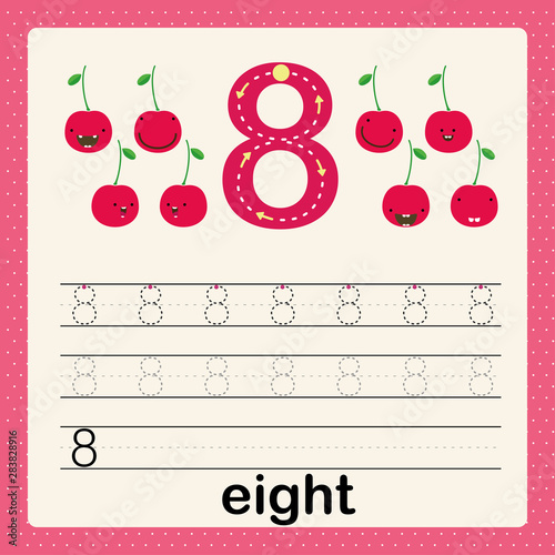 Number 8, card for kids learning to count and to write, worksheet for kids to practice writing skill, Vector illustration