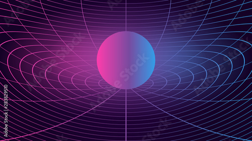 Synthwave background. 80s sci-fi retro style. Dark futuristic backdrop with curved radial grid. Glowing sphere in the middle. Geometric template