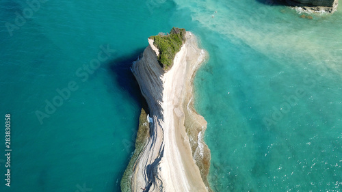 Aerial drone bird's eye view photo of iconic white rock volcanic formations of Canal d' Amour in Sidari area, North Corfu island, Ionian, Greece photo
