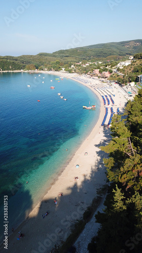 Aerial drone photo of natural beauty bay and sandy beach of Valtos with watersports facilities and emerald sea. Parga, Epirus