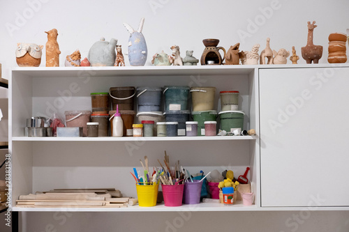 Clay modeling tools. A set of different tools in a clay modeling class with children