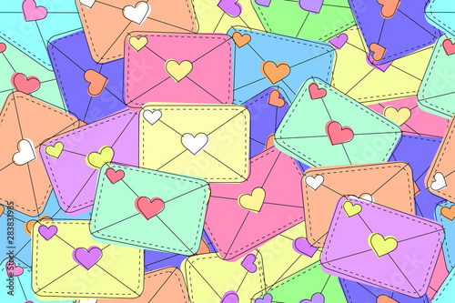Vintage seamless pattern of multicolored envelopes with hearts, invitation or wedding card, romantic background or wrapping paper