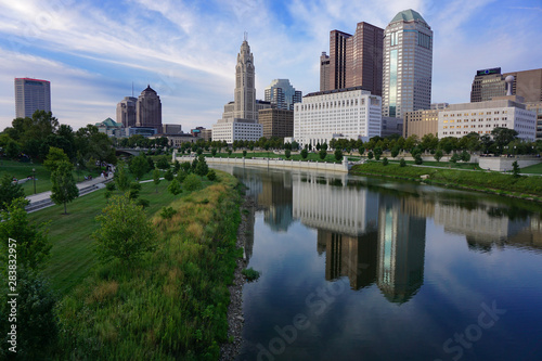 Downtown Columbus Ohio Cityscape with buildings reflecting in the Scioto River