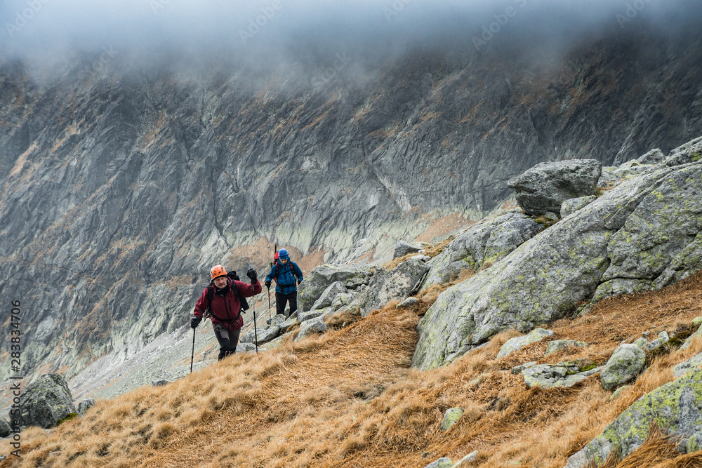Fototapeta premium Climbers make trekking in the mountains. A team of sports climbers.