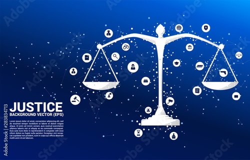 Justice scale with dot and line connection and icon. Background Concept of crime and law system