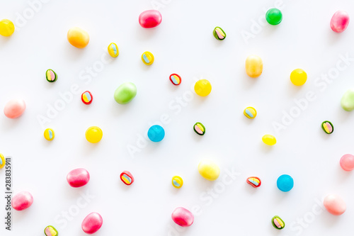 Candies for party design on white background top view
