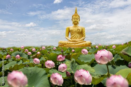 Leinwand Poster Golden Buddha images on sky clouds background in a Buddhist temple with lotus ga