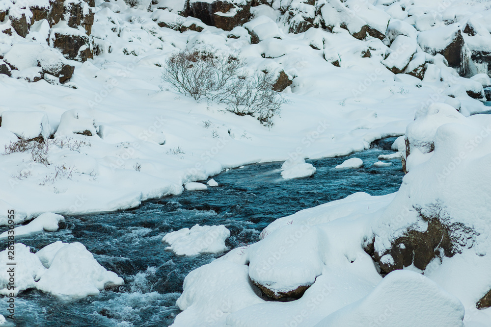Flowing water amid the snow Flowing water amid the snow