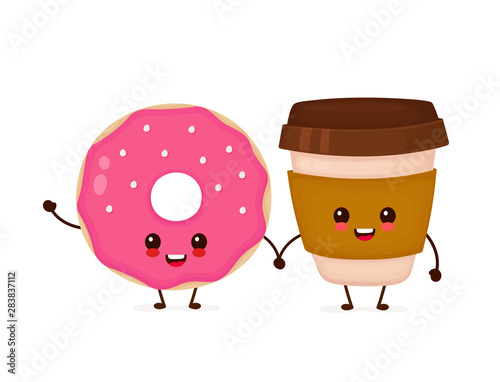 Happy cute smiling donut and coffee 