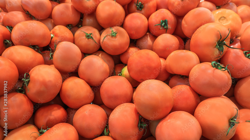 A bunch of red tomatoes displayed in a supermarket A bunch of red tomatoes displayed in a supermarket