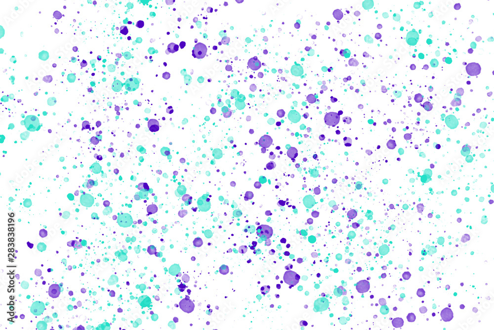 Neon green and purple random round paint splashes on white background. Abstract colorful texture for web-design, website, presentations, digital printing, fashion or concept design.