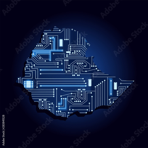 Contour map of Ethiopia with a technological electronics circuit. African country. Blue background.