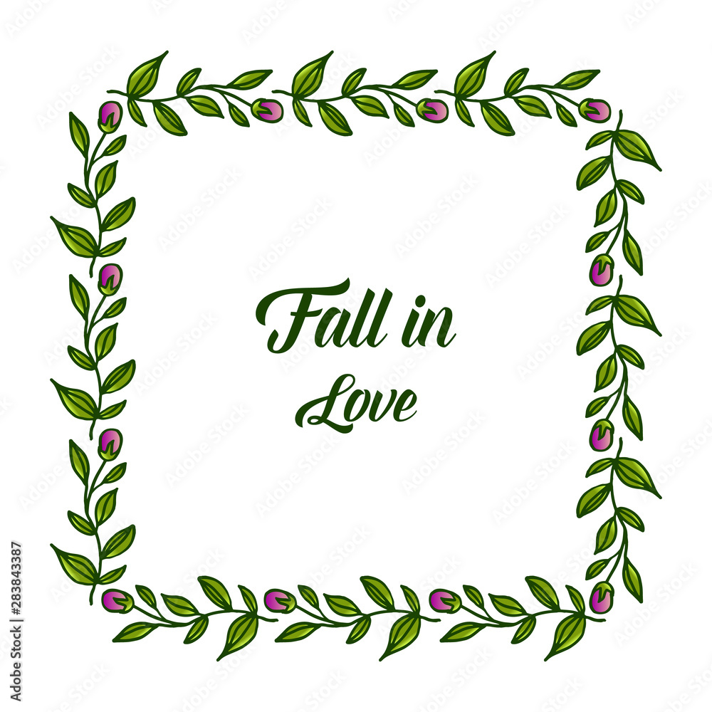 Template for card fall in love, with beautiful green leaves and purple floral frame. Vector Template for card fall in love, with beautiful green leaves and purple floral frame. Vector