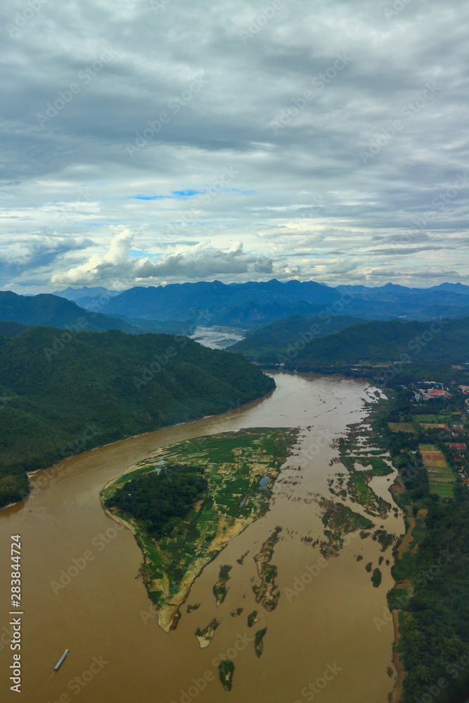 Aerial View of Mekong river and mountain, Luang Prabang, Laos