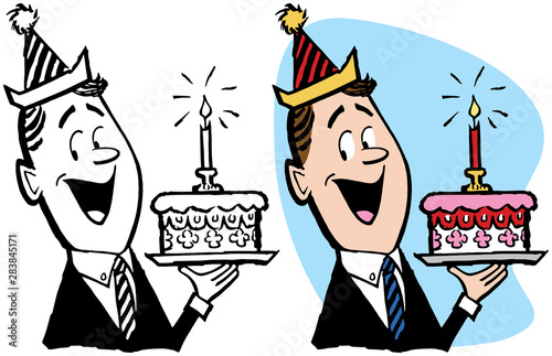 Photography A happy man in a party hat holds up his birthday cake.