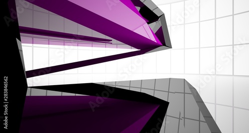 Abstract architectural violet and black gloss interior of a minimalist house with large windows.. 3D illustration and rendering.