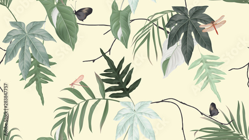 Botanical seamless pattern, various green leaves with butterfly and dragonfly on light yellow, pastel vintage theme