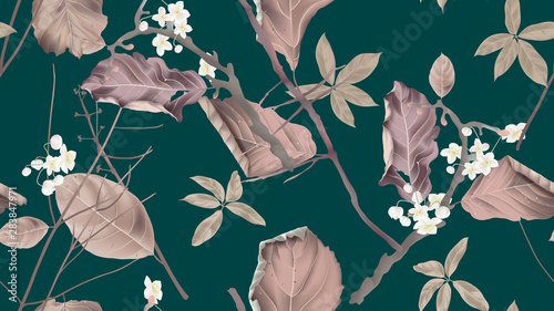 Botanical seamless pattern, white flowers and dried leaves with branch on green, pastel vintage theme